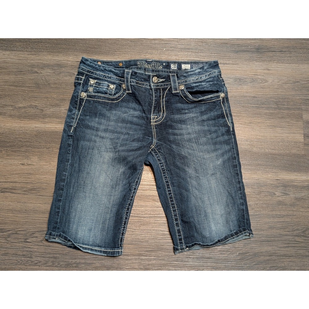 Miss Me Easy Bermuda Denim Shorts Womens 28 Mid Rise Embroidered Dark Wash Blue - Picture 2 of 6